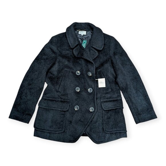 LL Bean Jacket Black Virgin Wool Alpaca Blend Mid Length Peacoat  Womens 16 New - Picture 1 of 8